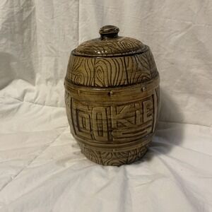 VINTAGE OVENWEAR BARREL SHAPE COOKIE JAR MARKED USA 9" Cracked Lid